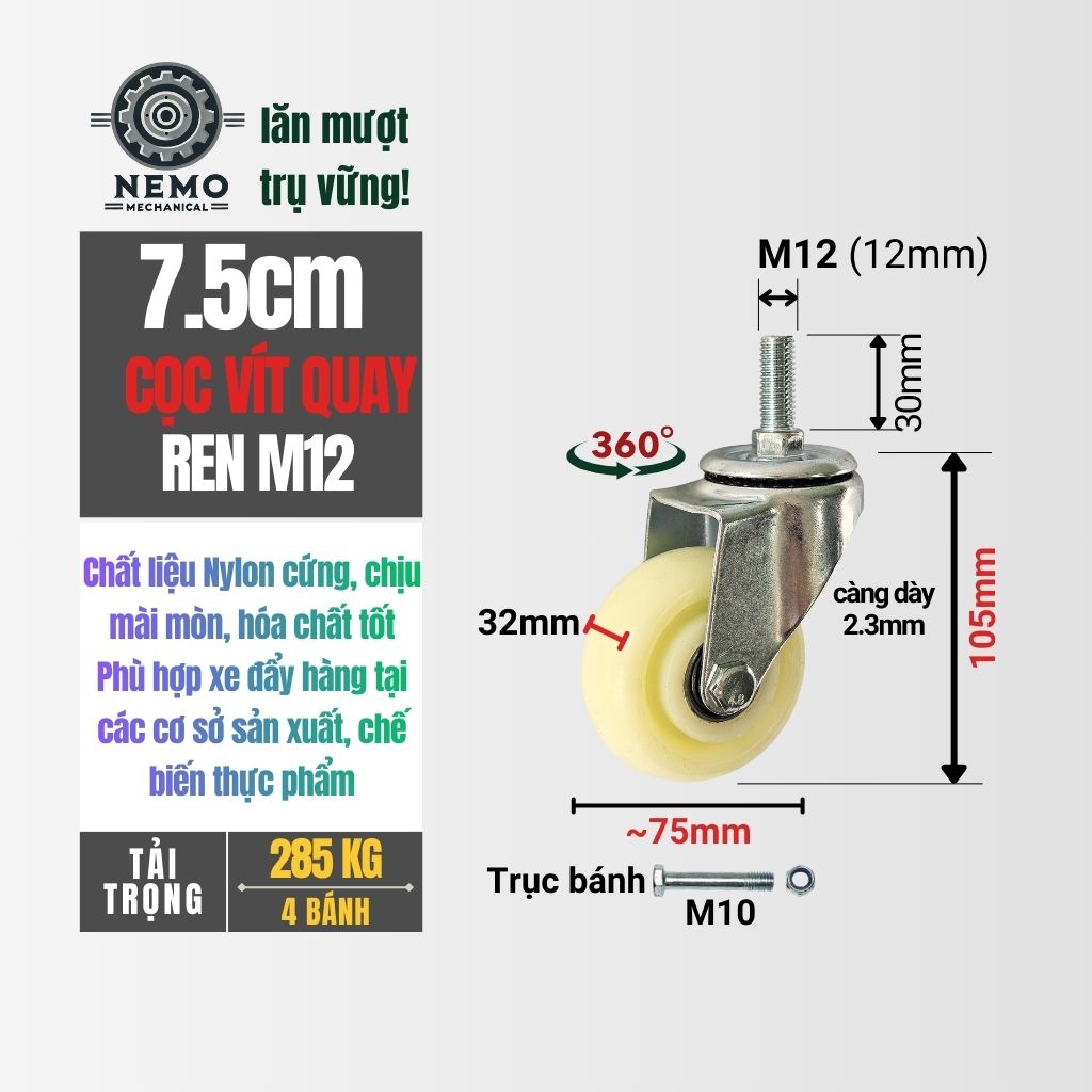 Bánh Xe Nylon Trắng Cọc Vít M12 – Chống Nước, Kháng Hóa Chất (D75, D100, D125)